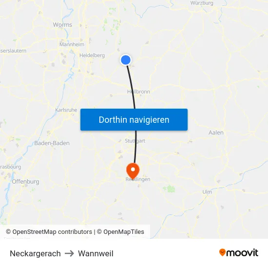 Neckargerach to Wannweil map