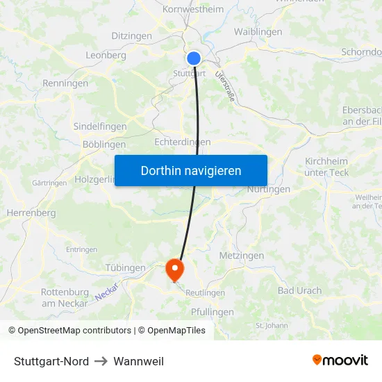 Stuttgart-Nord to Wannweil map