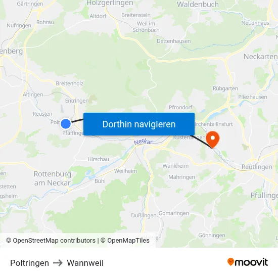 Poltringen to Wannweil map