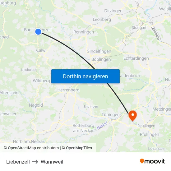 Liebenzell to Wannweil map