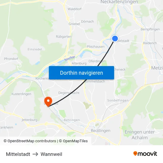 Mittelstadt to Wannweil map
