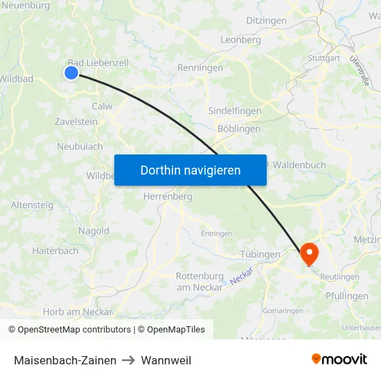 Maisenbach-Zainen to Wannweil map
