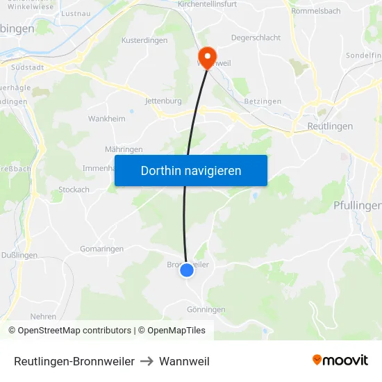 Reutlingen-Bronnweiler to Wannweil map