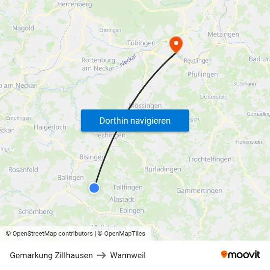 Gemarkung Zillhausen to Wannweil map