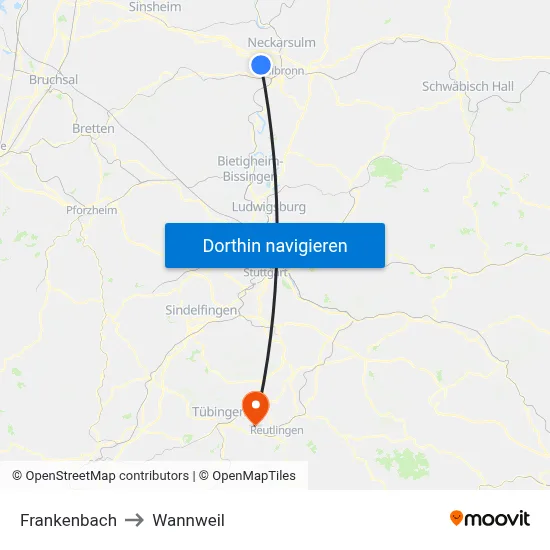 Frankenbach to Wannweil map