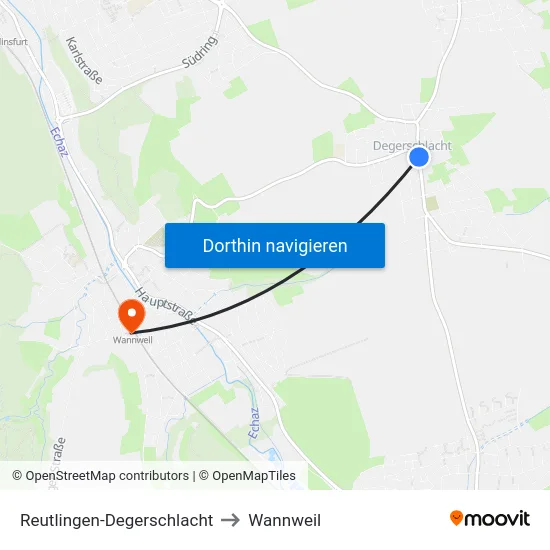 Reutlingen-Degerschlacht to Wannweil map
