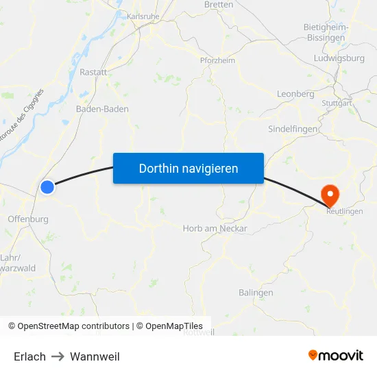 Erlach to Wannweil map