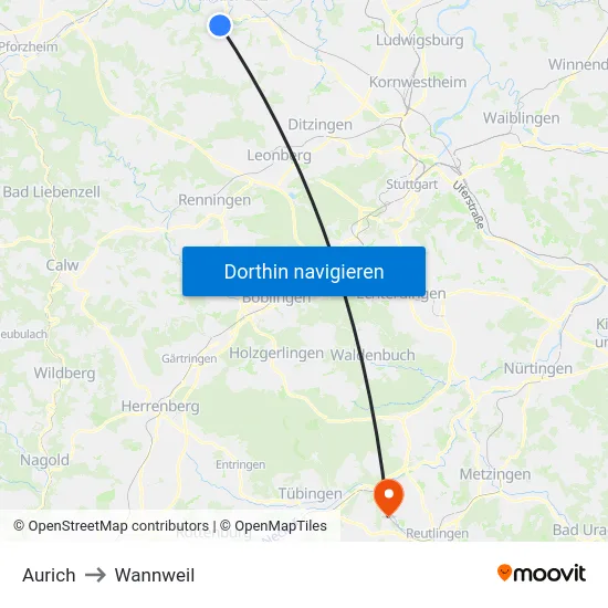 Aurich to Wannweil map