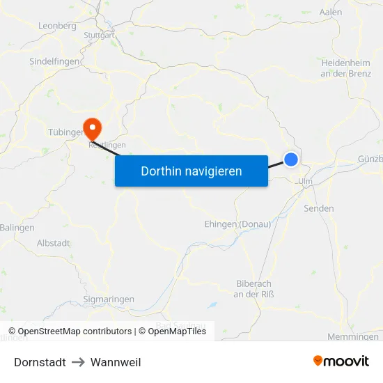 Dornstadt to Wannweil map