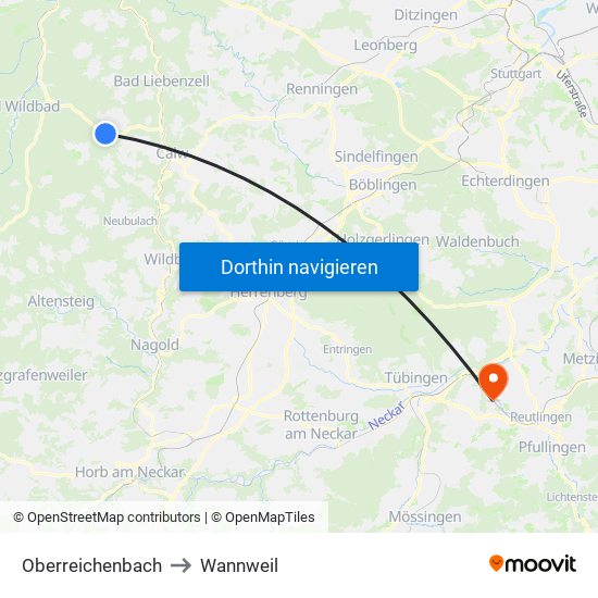 Oberreichenbach to Wannweil map