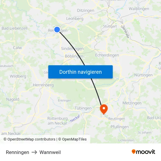 Renningen to Wannweil map