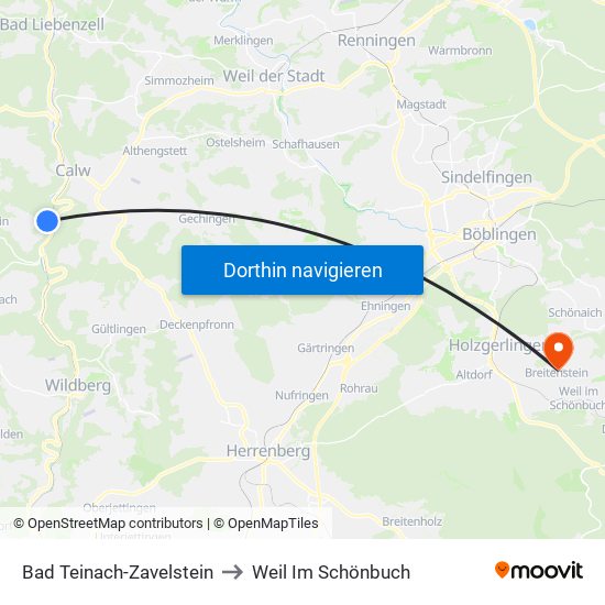 Bad Teinach-Zavelstein to Weil Im Schönbuch map