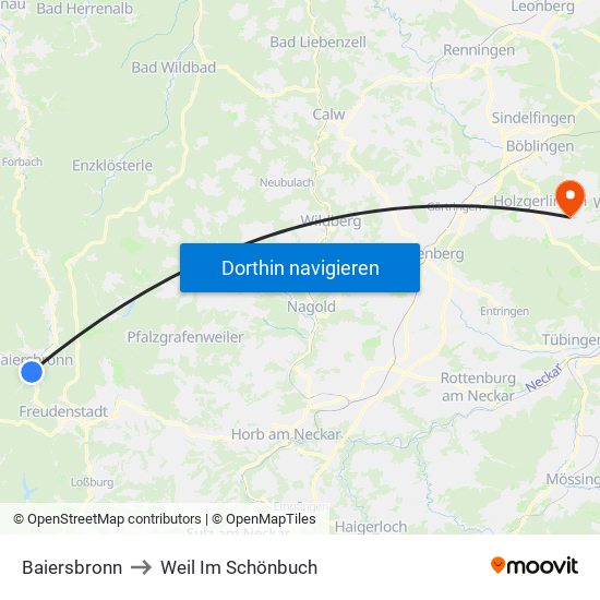 Baiersbronn to Weil Im Schönbuch map