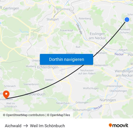 Aichwald to Weil Im Schönbuch map
