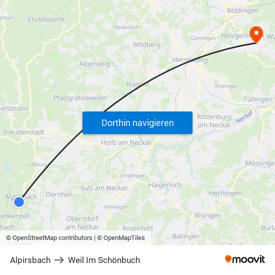 Alpirsbach to Weil Im Schönbuch map