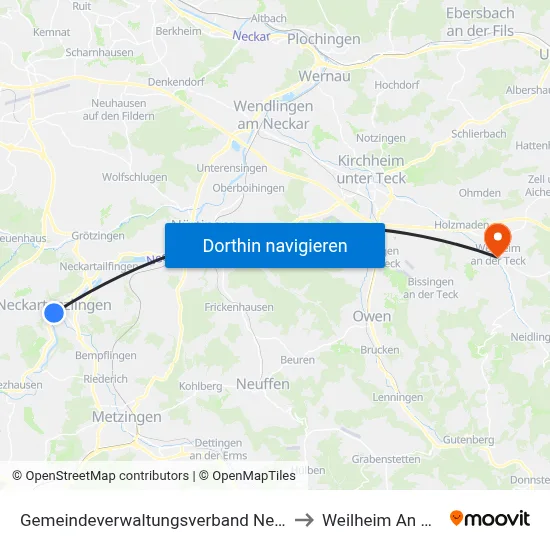 Gemeindeverwaltungsverband Neckartenzlingen to Weilheim An Der Teck map