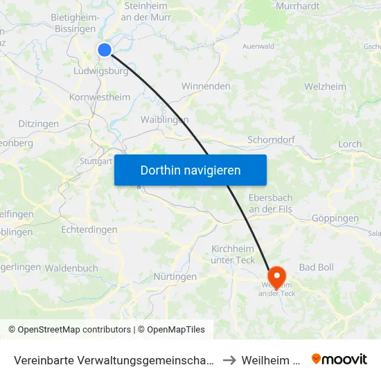 Vereinbarte Verwaltungsgemeinschaft Der Stadt Freiberg am Neckar to Weilheim An Der Teck map