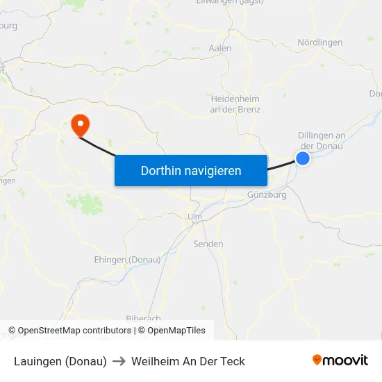 Lauingen (Donau) to Weilheim An Der Teck map
