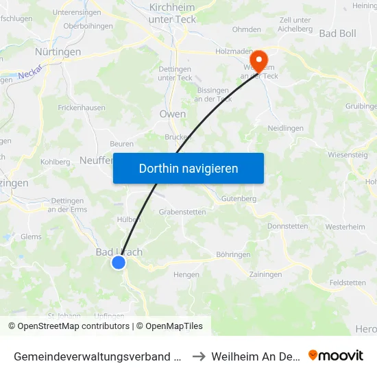 Gemeindeverwaltungsverband Bad Urach to Weilheim An Der Teck map