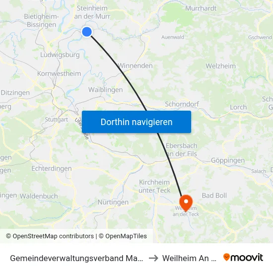 Gemeindeverwaltungsverband Marbach am Neckar to Weilheim An Der Teck map