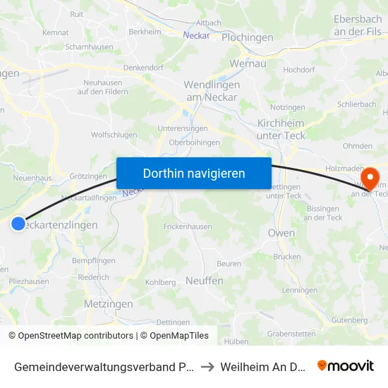 Gemeindeverwaltungsverband Pliezhausen to Weilheim An Der Teck map