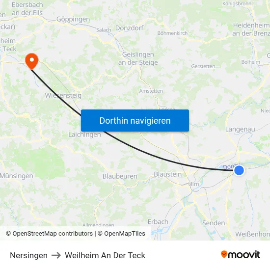 Nersingen to Weilheim An Der Teck map
