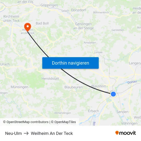 Neu-Ulm to Weilheim An Der Teck map