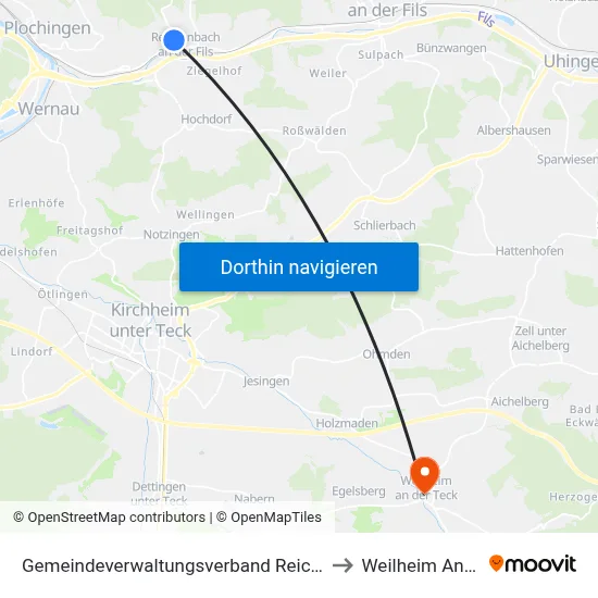 Gemeindeverwaltungsverband Reichenbach An Der Fils to Weilheim An Der Teck map