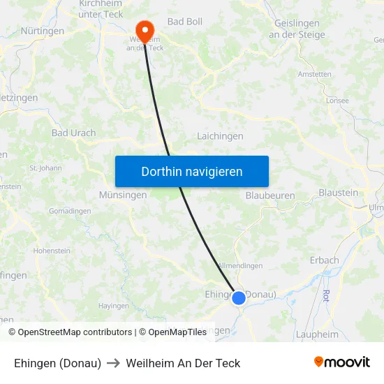 Ehingen (Donau) to Weilheim An Der Teck map