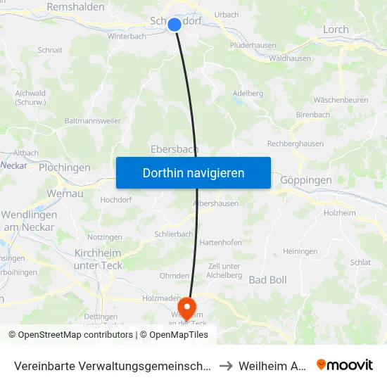 Vereinbarte Verwaltungsgemeinschaft Der Stadt Schorndorf to Weilheim An Der Teck map