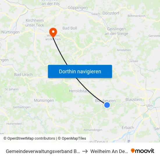 Gemeindeverwaltungsverband Blaubeuren to Weilheim An Der Teck map