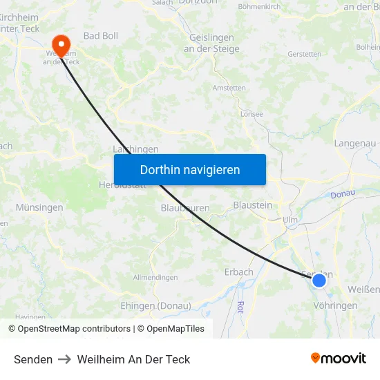Senden to Weilheim An Der Teck map