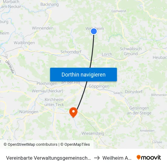 Vereinbarte Verwaltungsgemeinschaft Der Stadt Welzheim to Weilheim An Der Teck map