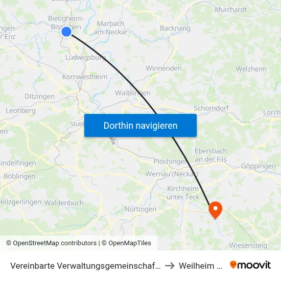 Vereinbarte Verwaltungsgemeinschaft Der Stadt Bietigheim-Bissingen to Weilheim An Der Teck map