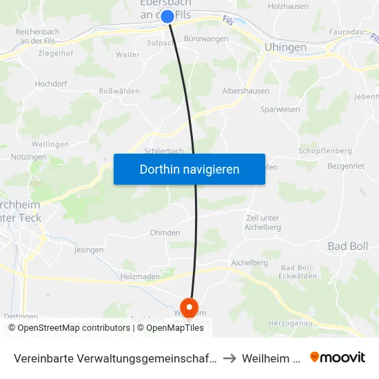 Vereinbarte Verwaltungsgemeinschaft Der Stadt Ebersbach An Der Fils to Weilheim An Der Teck map