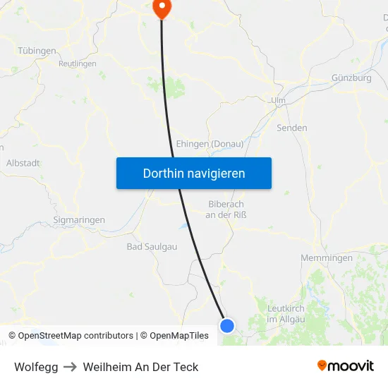 Wolfegg to Weilheim An Der Teck map