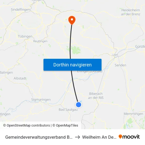 Gemeindeverwaltungsverband Bad Buchau to Weilheim An Der Teck map