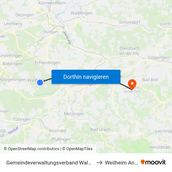 Gemeindeverwaltungsverband Waldenbuch/Steinenbronn to Weilheim An Der Teck map