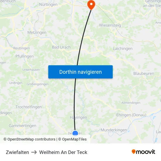 Zwiefalten to Weilheim An Der Teck map
