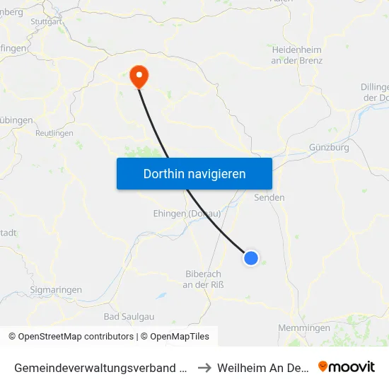 Gemeindeverwaltungsverband Schwendi to Weilheim An Der Teck map