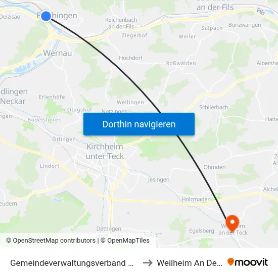 Gemeindeverwaltungsverband Plochingen to Weilheim An Der Teck map