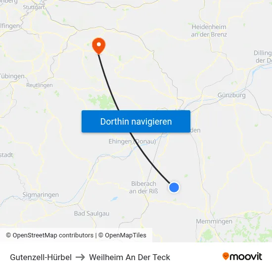 Gutenzell-Hürbel to Weilheim An Der Teck map