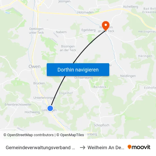 Gemeindeverwaltungsverband Lenningen to Weilheim An Der Teck map