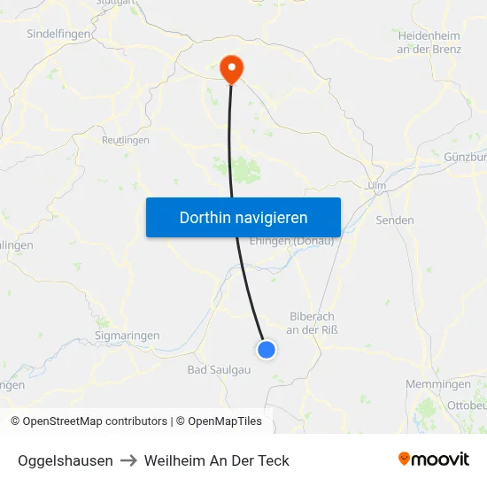 Oggelshausen to Weilheim An Der Teck map