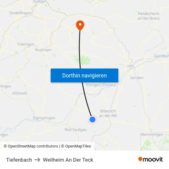 Tiefenbach to Weilheim An Der Teck map