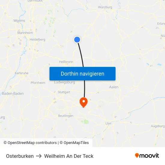 Osterburken to Weilheim An Der Teck map