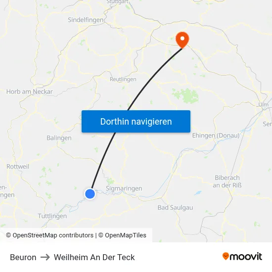 Beuron to Weilheim An Der Teck map
