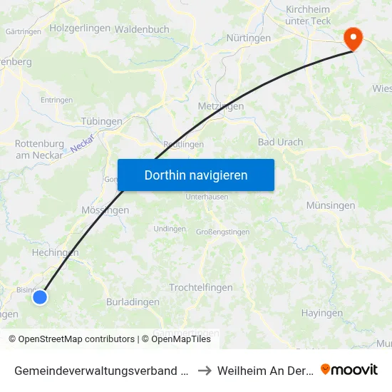 Gemeindeverwaltungsverband Bisingen to Weilheim An Der Teck map