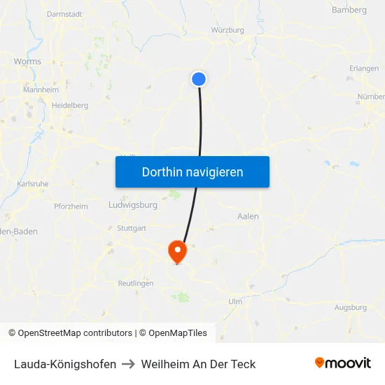 Lauda-Königshofen to Weilheim An Der Teck map