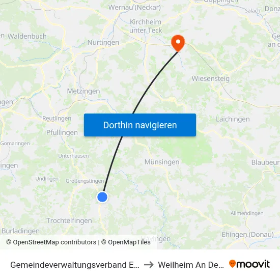 Gemeindeverwaltungsverband Engstingen to Weilheim An Der Teck map